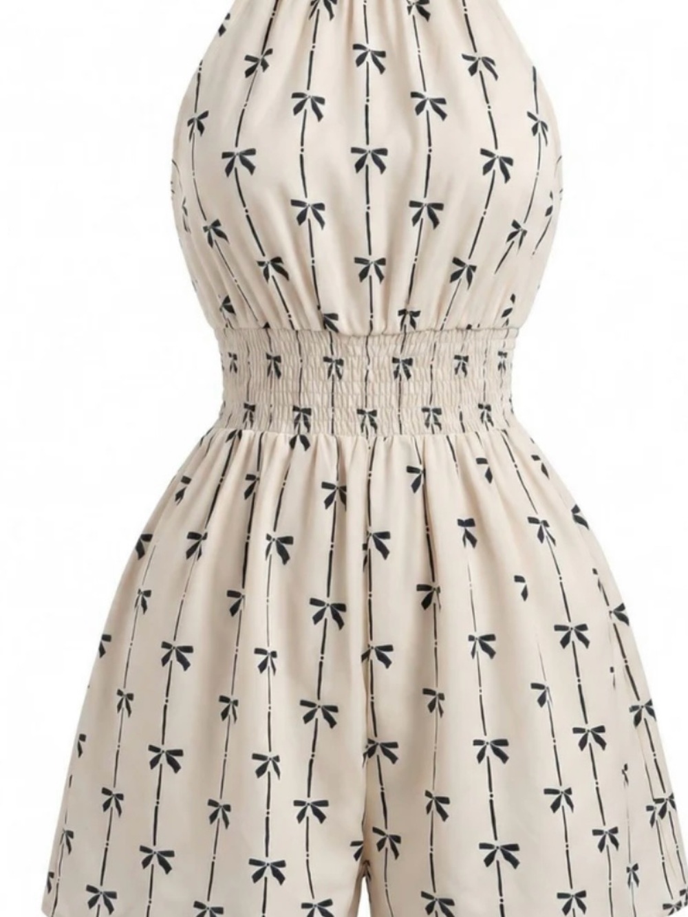 Beige Bow-Print Halter Women's Dress